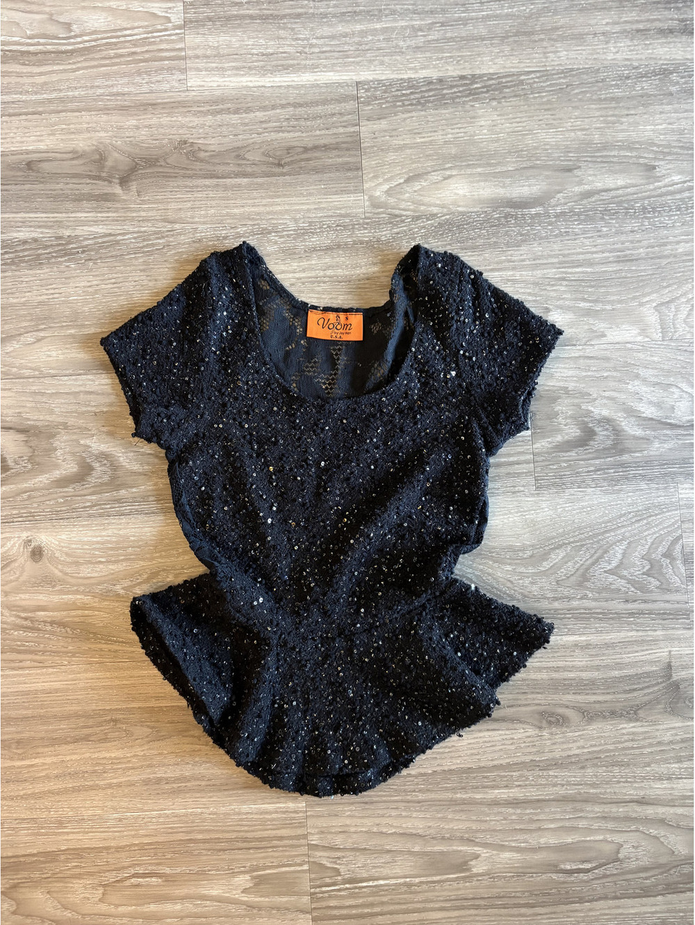 Voom Joy Han Black Sequin Lace Peplum Top S Cap Sleeve Scoop Back Party Cocktail